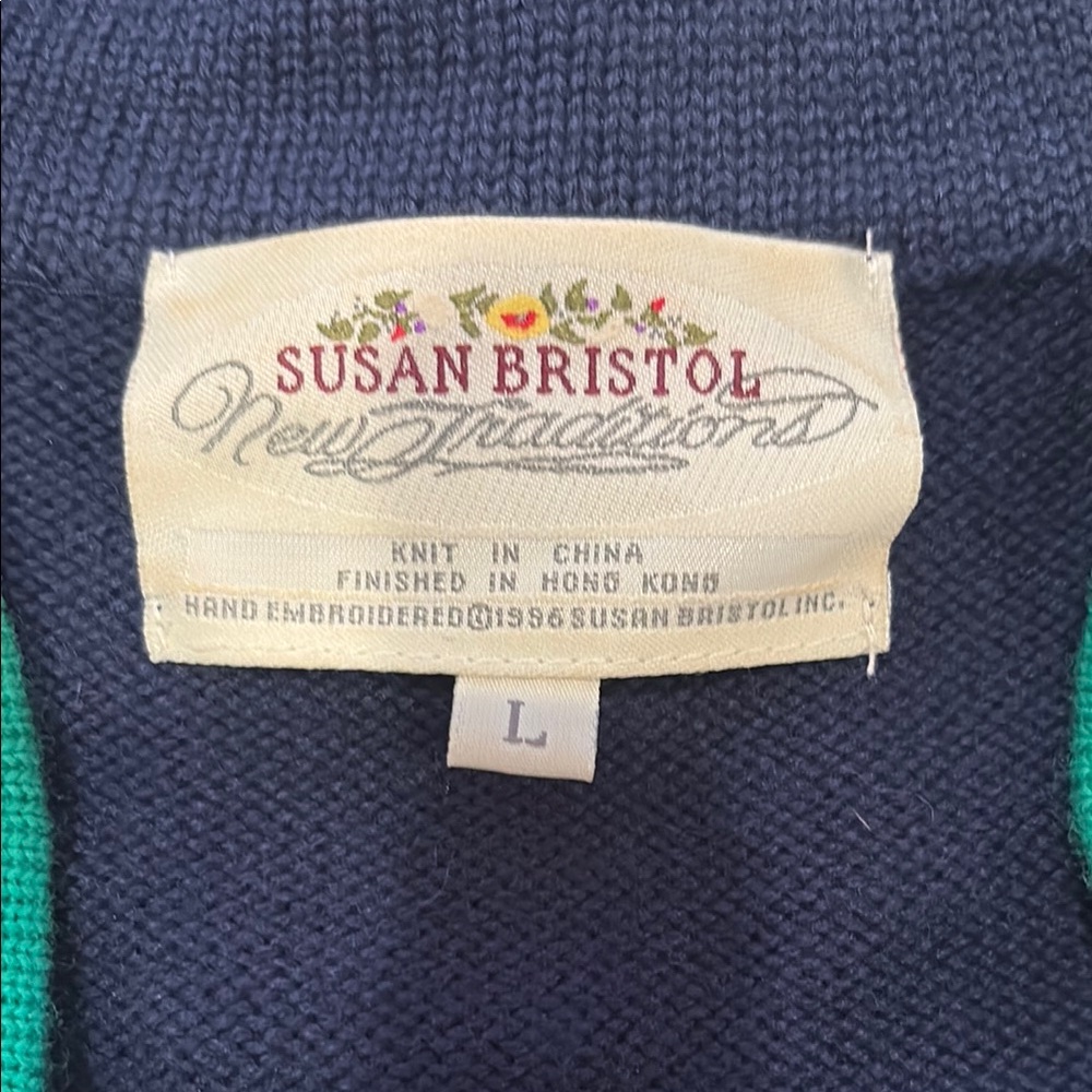 Vintage Susan Bristol Navy and Green Embroidered Cardigan Sweater size Large - Picture 5 of 8